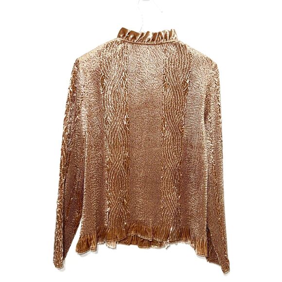 Chico's Keily Crinkle Velvet Ruffle Trim Jacket - Gold 1 - Picture 3 of 7
